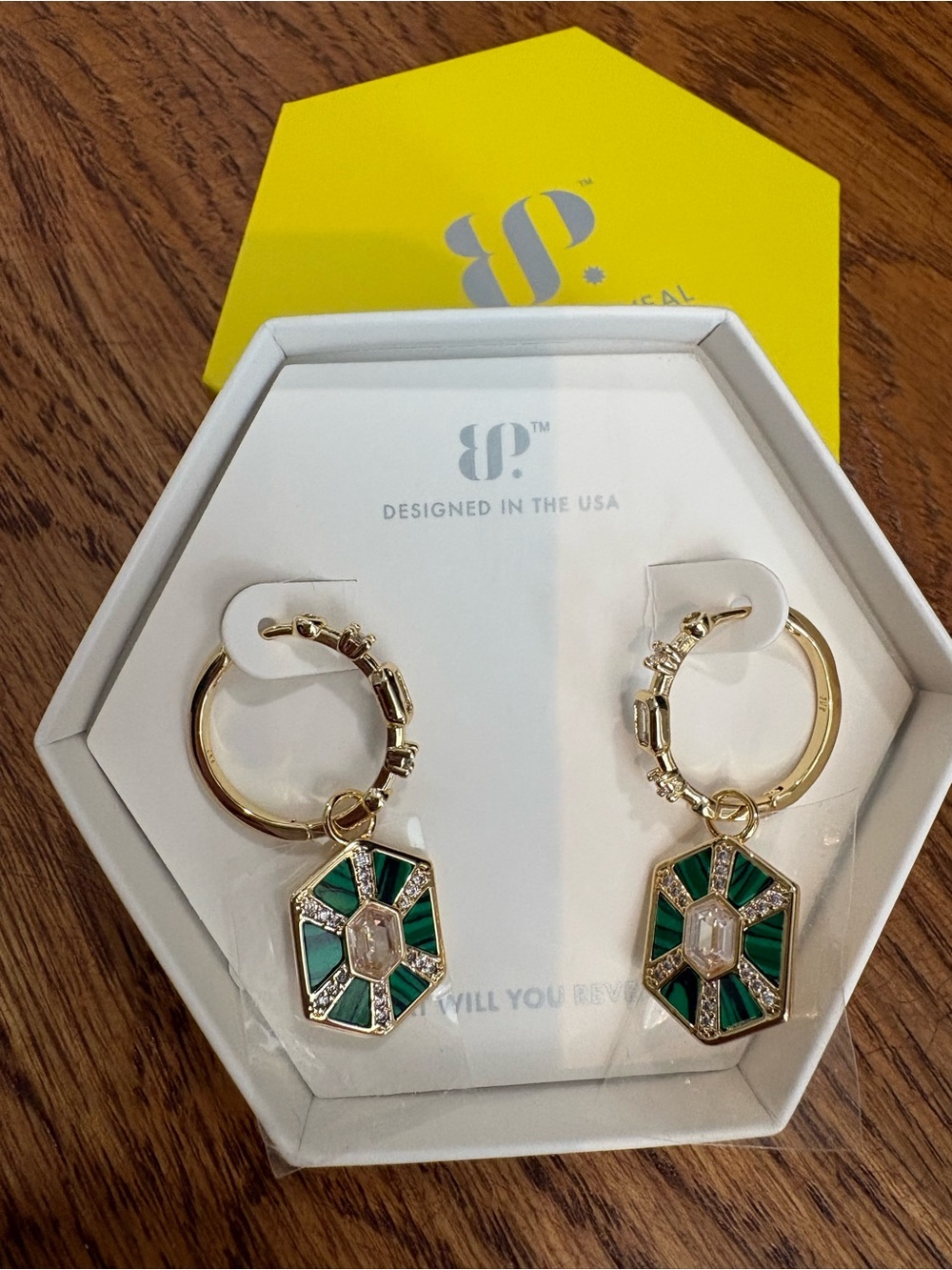 BP Gold Hoop Earrings with Green Magnesite Geometric Removable Charms